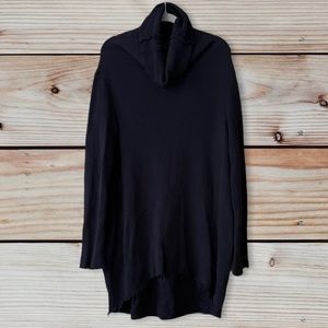 Veronique Miljkovitch Black Funnel Neck Cotton Terry Distressed Hi Low Dress